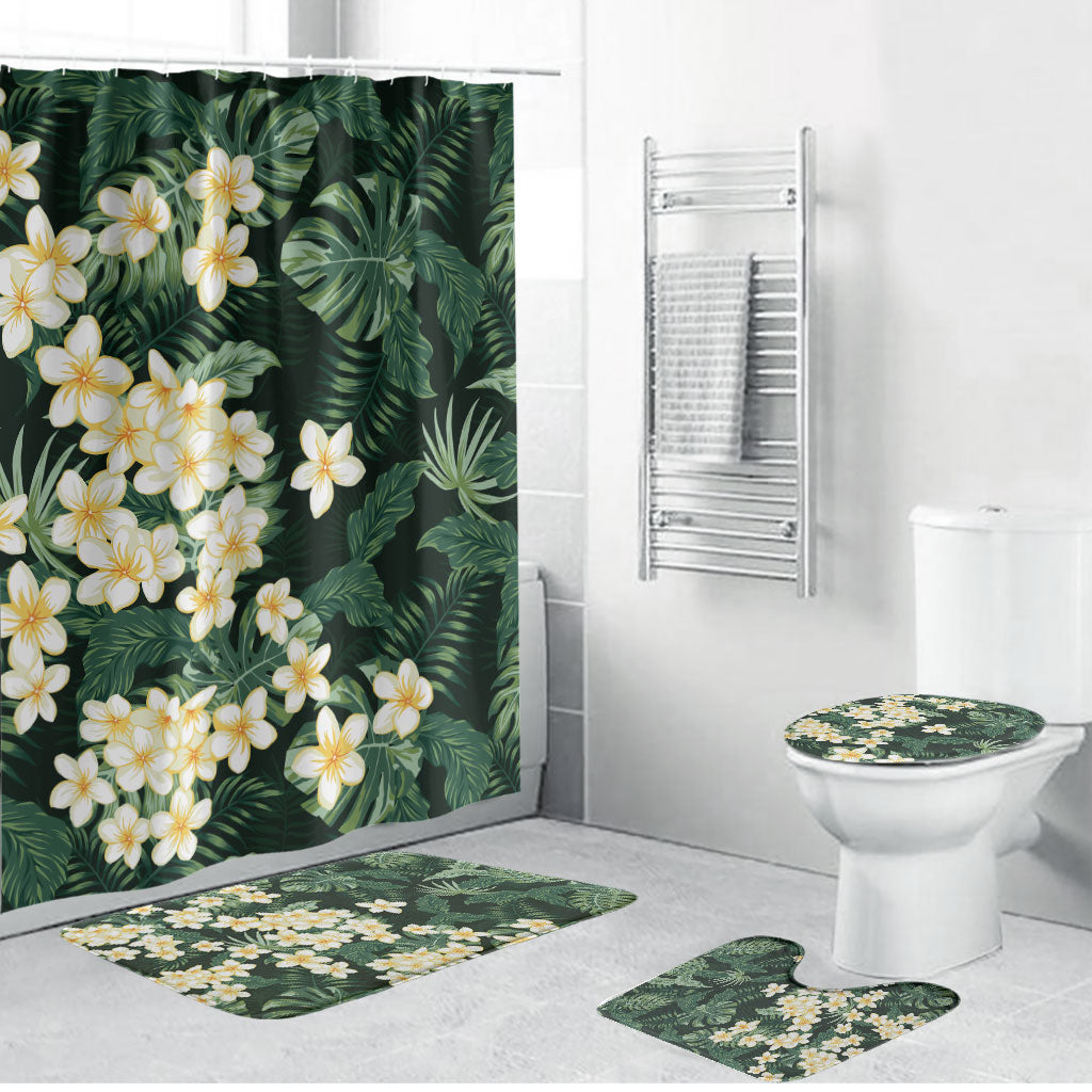 Hawaii Plumeria Tropical Leaves Bathroom Set Monstera Calathea Palm Fronds LT01 Bathroom Set (4 pcs) Green - Polynesian Pride