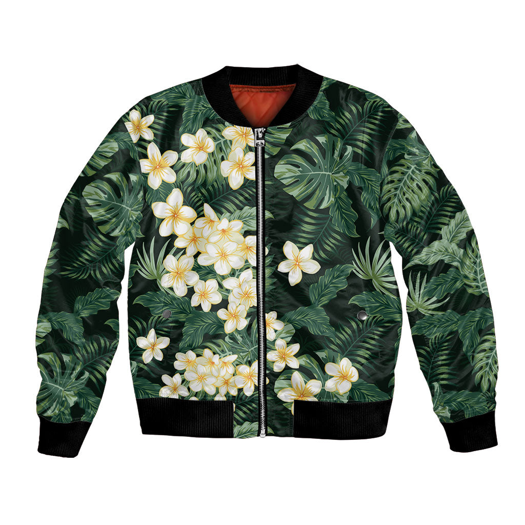 Hawaii Plumeria Tropical Leaves Bomber Jacket Monstera Calathea Palm Fronds LT01 Unisex Green - Polynesian Pride