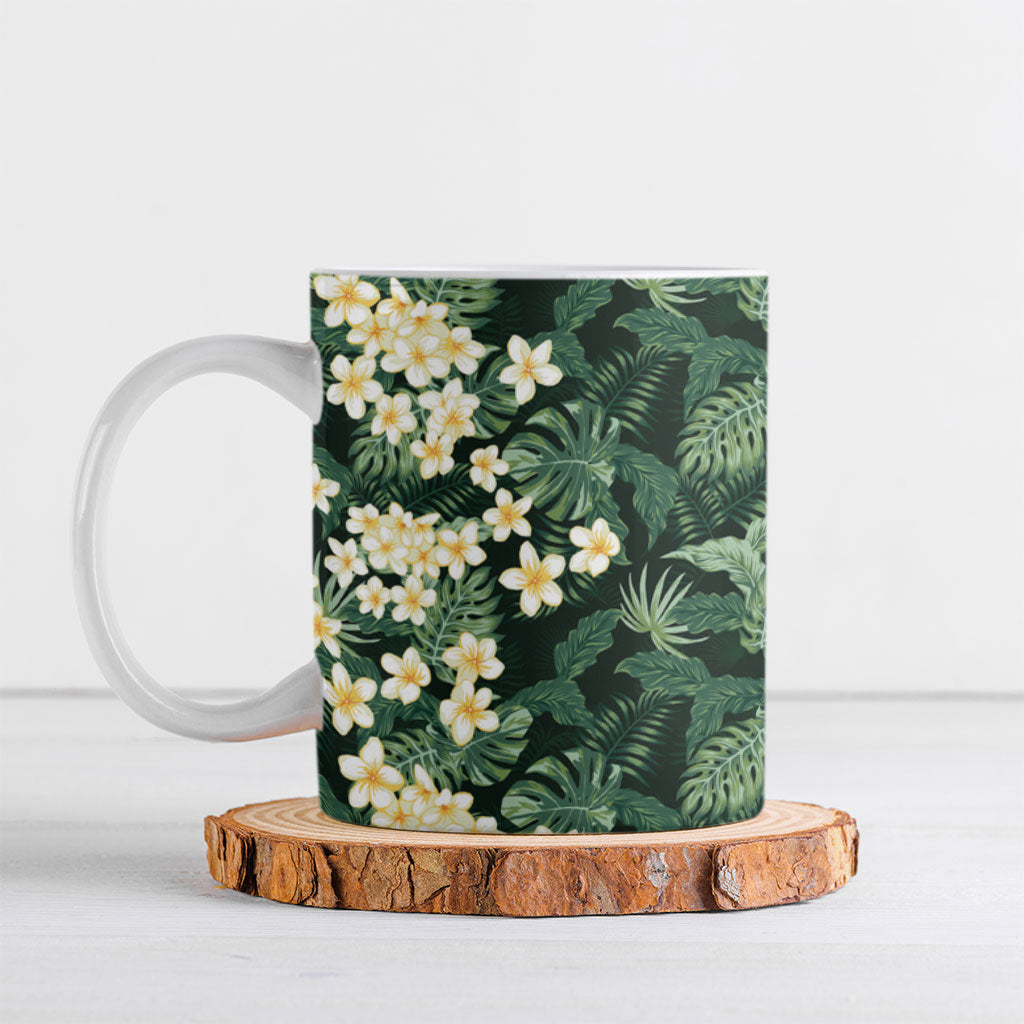 Hawaii Plumeria Tropical Leaves Ceramic Mug Monstera Calathea Palm Fronds LT01 Green - Polynesian Pride