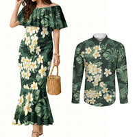 Hawaii Plumeria Tropical Leaves Couples Matching Mermaid Dress and Long Sleeve Button Shirt Monstera Calathea Palm Fronds LT01 Green - Polynesian Pride