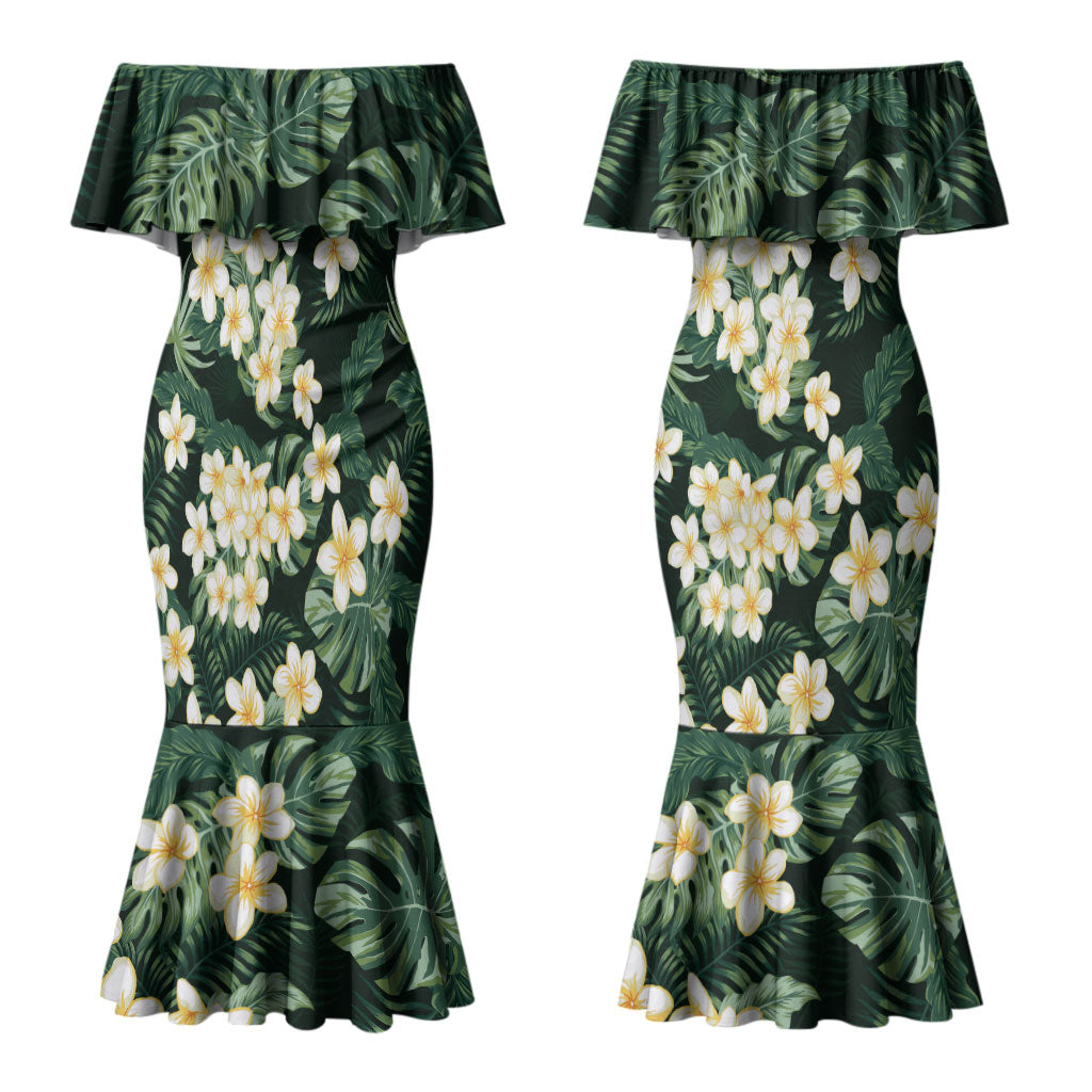 Hawaii Plumeria Tropical Leaves Couples Matching Mermaid Dress and Long Sleeve Button Shirt Monstera Calathea Palm Fronds LT01 - Polynesian Pride