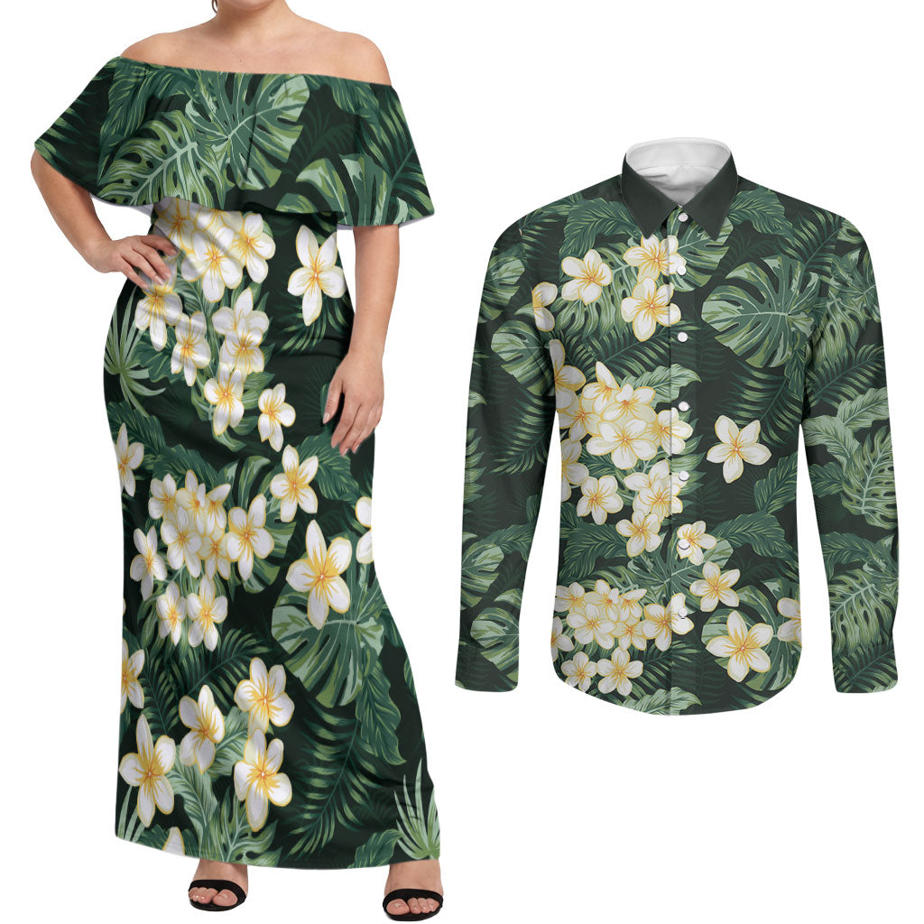 Hawaii Plumeria Tropical Leaves Couples Matching Off Shoulder Maxi Dress and Long Sleeve Button Shirt Monstera Calathea Palm Fronds LT01 Green - Polynesian Pride