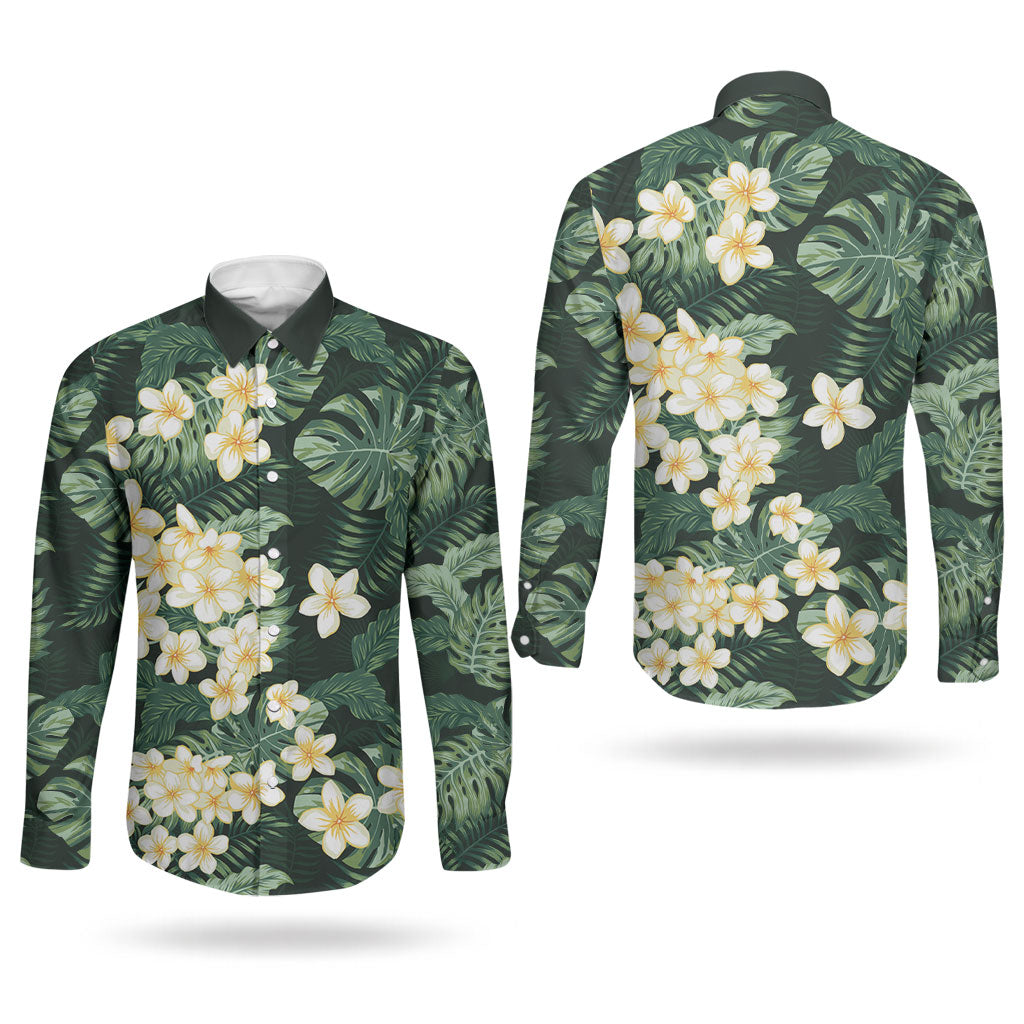 Hawaii Plumeria Tropical Leaves Couples Matching Off Shoulder Maxi Dress and Long Sleeve Button Shirt Monstera Calathea Palm Fronds LT01 - Polynesian Pride