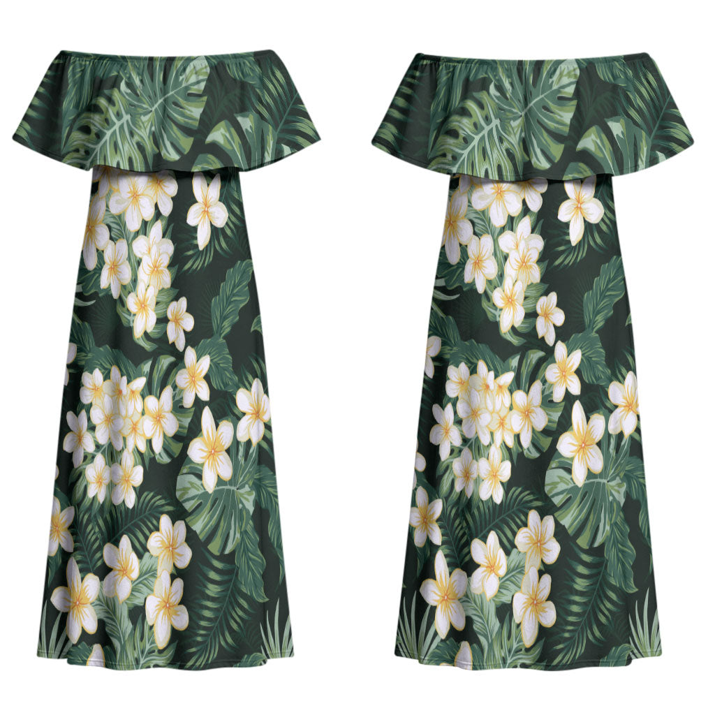 Hawaii Plumeria Tropical Leaves Couples Matching Off Shoulder Maxi Dress and Long Sleeve Button Shirt Monstera Calathea Palm Fronds LT01 - Polynesian Pride