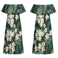 Hawaii Plumeria Tropical Leaves Couples Matching Off Shoulder Maxi Dress and Long Sleeve Button Shirt Monstera Calathea Palm Fronds LT01 - Polynesian Pride