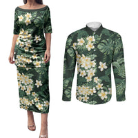 Hawaii Plumeria Tropical Leaves Couples Matching Puletasi and Long Sleeve Button Shirt Monstera Calathea Palm Fronds LT01 Green - Polynesian Pride