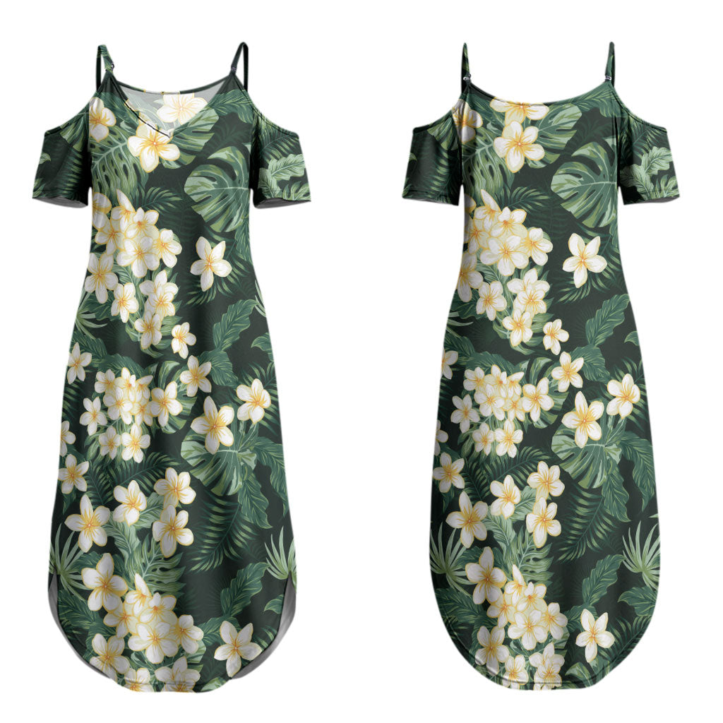 Hawaii Plumeria Tropical Leaves Couples Matching Summer Maxi Dress and Long Sleeve Button Shirt Monstera Calathea Palm Fronds LT01 - Polynesian Pride
