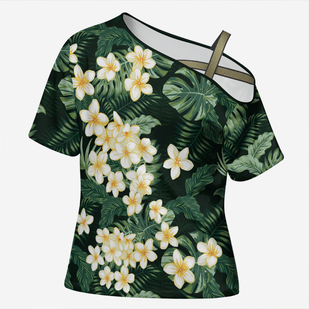 Hawaii Plumeria Tropical Leaves Cross Shoulder Shirt Monstera Calathea Palm Fronds LT01 Female Green - Polynesian Pride
