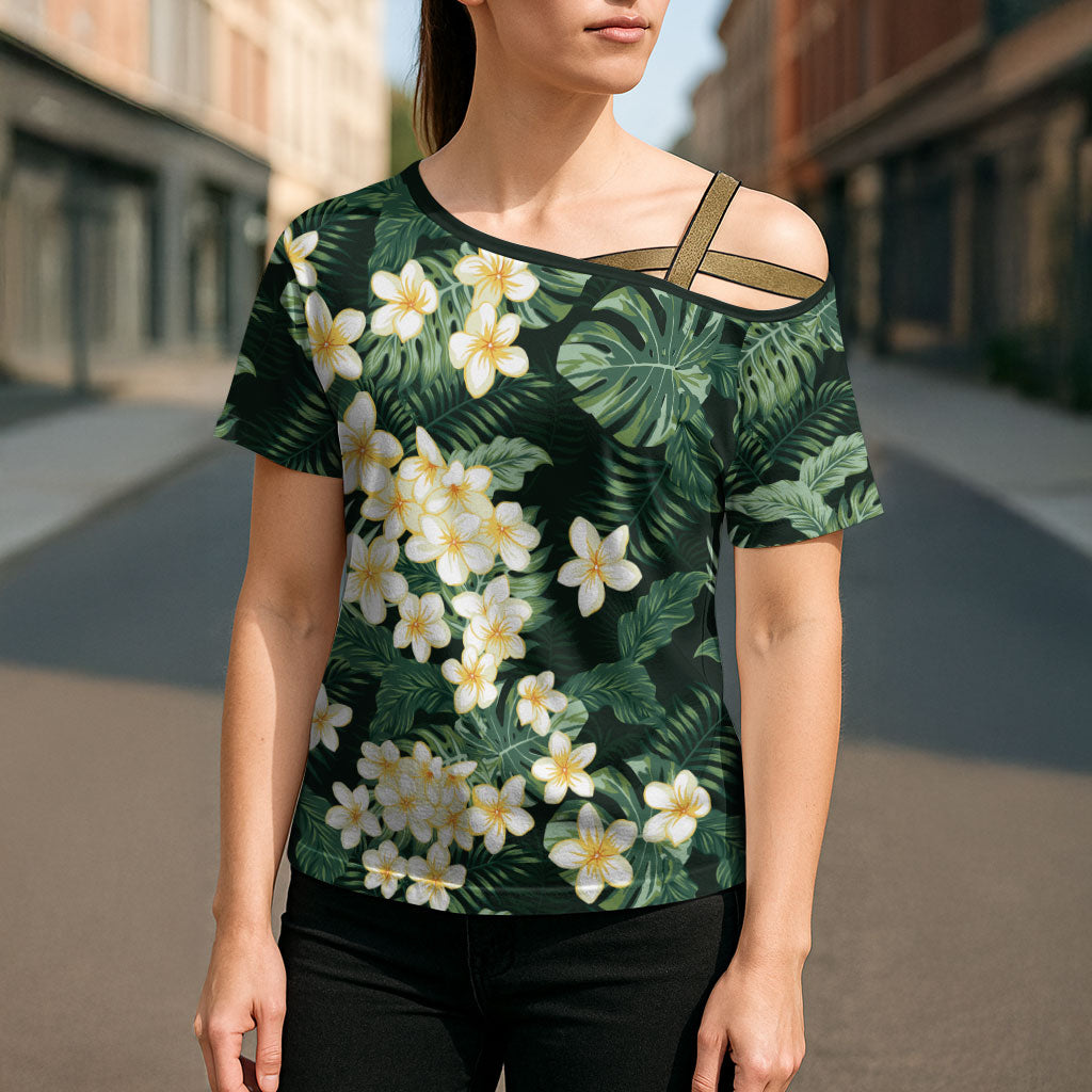 Hawaii Plumeria Tropical Leaves Cross Shoulder Shirt Monstera Calathea Palm Fronds LT01 - Polynesian Pride