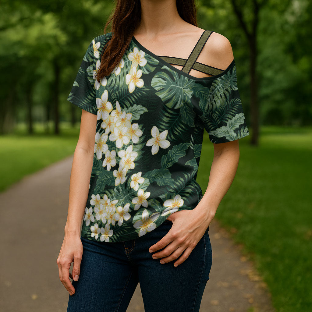 Hawaii Plumeria Tropical Leaves Cross Shoulder Shirt Monstera Calathea Palm Fronds LT01 - Polynesian Pride