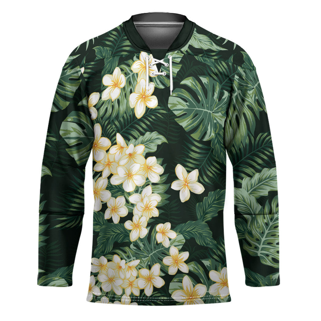 Hawaii Plumeria Tropical Leaves Hockey Jersey Monstera Calathea Palm Fronds LT01 Unisex Green - Polynesian Pride