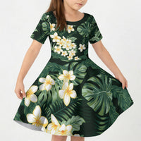 Hawaii Plumeria Tropical Leaves Kid Short Sleeve Dress Monstera Calathea Palm Fronds LT01 KID Green - Polynesian Pride
