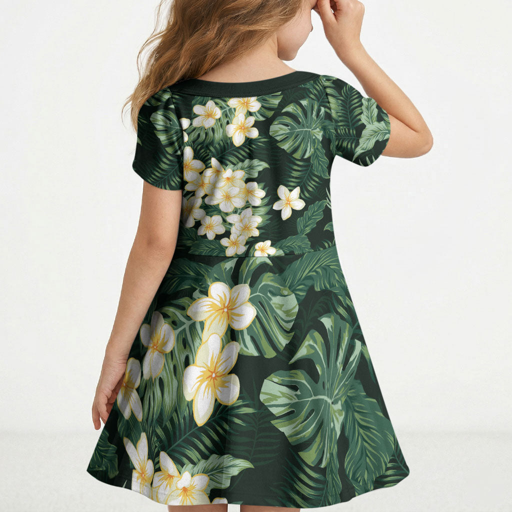 Hawaii Plumeria Tropical Leaves Kid Short Sleeve Dress Monstera Calathea Palm Fronds LT01 - Polynesian Pride