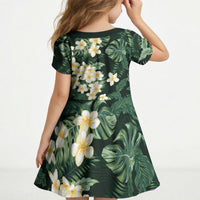 Hawaii Plumeria Tropical Leaves Kid Short Sleeve Dress Monstera Calathea Palm Fronds LT01 - Polynesian Pride