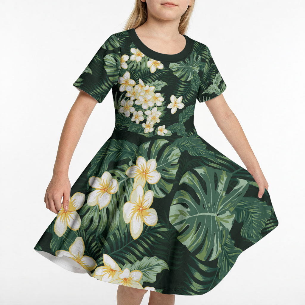 Hawaii Plumeria Tropical Leaves Kid Short Sleeve Dress Monstera Calathea Palm Fronds LT01 - Polynesian Pride