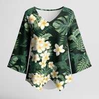 Hawaii Plumeria Tropical Leaves Kimono Sleeve Blouse Monstera Calathea Palm Fronds LT01 Female Green - Polynesian Pride