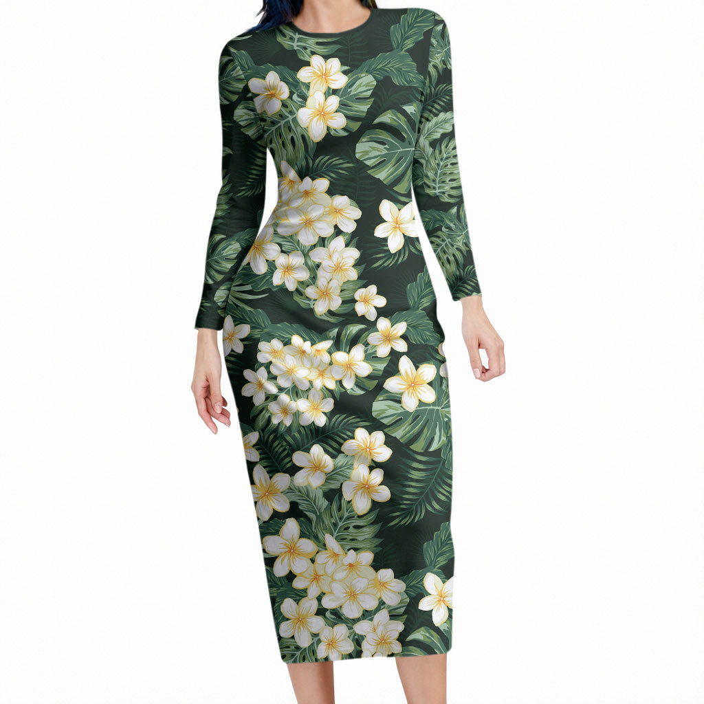 Hawaii Plumeria Tropical Leaves Long Sleeve Bodycon Dress Monstera Calathea Palm Fronds LT01 Long Dress Green - Polynesian Pride