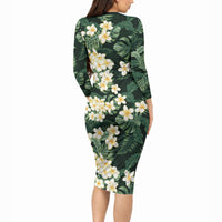 Hawaii Plumeria Tropical Leaves Long Sleeve Bodycon Dress Monstera Calathea Palm Fronds LT01 - Polynesian Pride