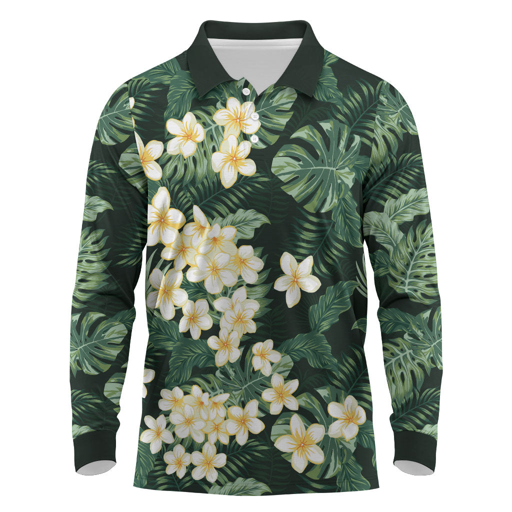 Hawaii Plumeria Tropical Leaves Long Sleeve Polo Shirt Monstera Calathea Palm Fronds LT01 Green - Polynesian Pride