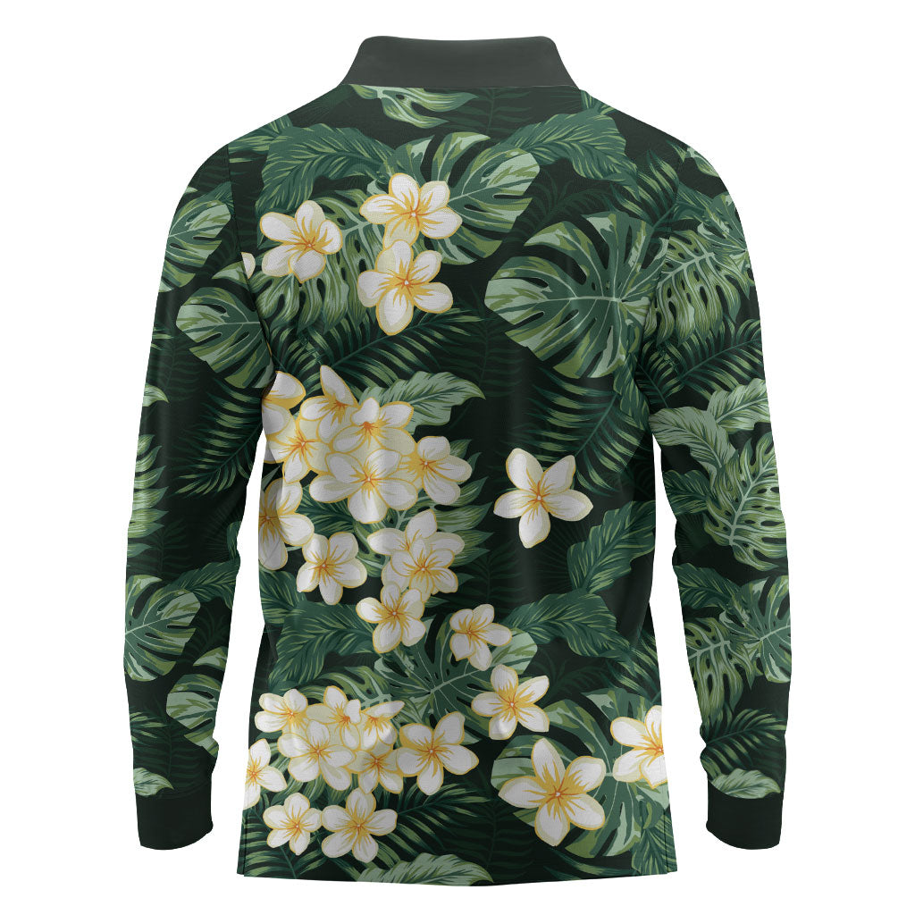 Hawaii Plumeria Tropical Leaves Long Sleeve Polo Shirt Monstera Calathea Palm Fronds LT01 - Polynesian Pride