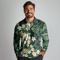 Hawaii Plumeria Tropical Leaves Long Sleeve Polo Shirt Monstera Calathea Palm Fronds LT01 - Polynesian Pride