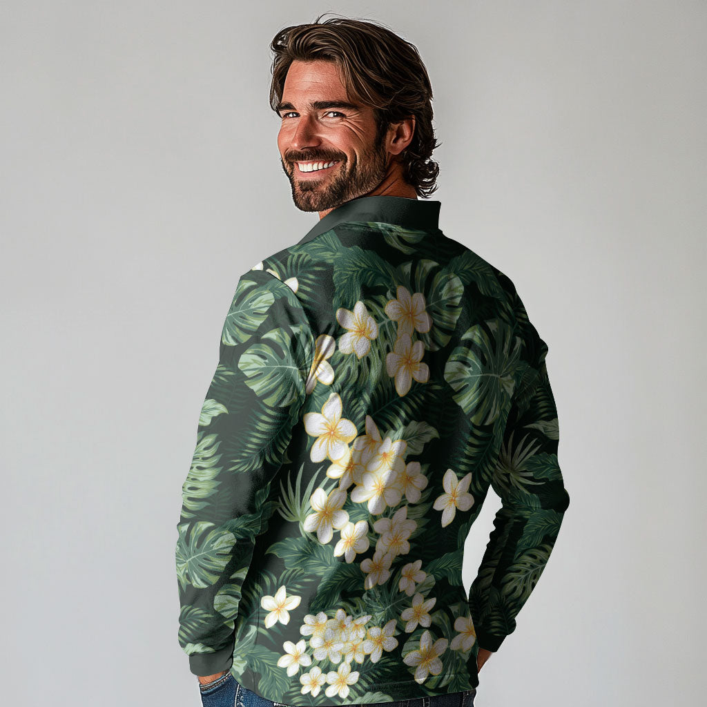 Hawaii Plumeria Tropical Leaves Long Sleeve Polo Shirt Monstera Calathea Palm Fronds LT01 - Polynesian Pride