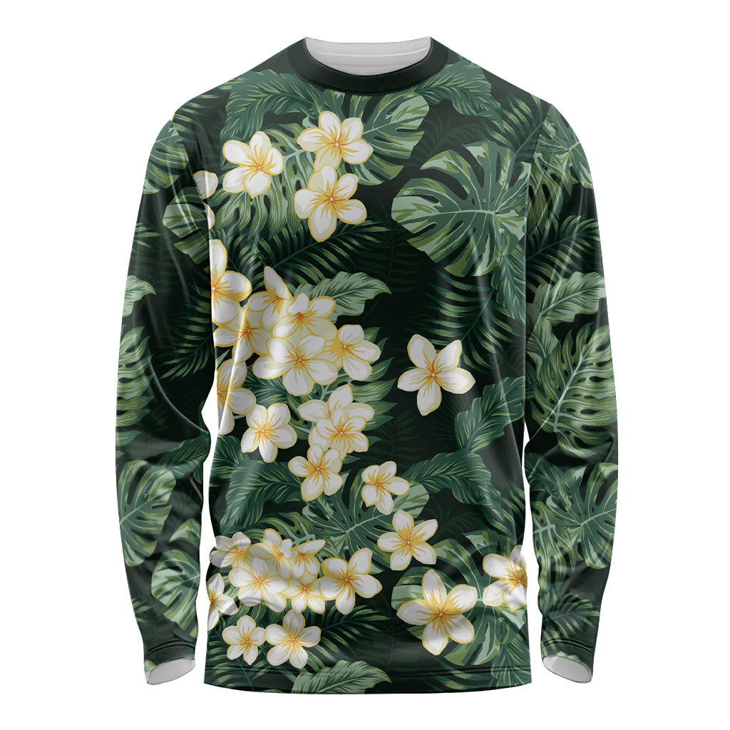 Hawaii Plumeria Tropical Leaves Long Sleeve Shirt Monstera Calathea Palm Fronds LT01 Unisex Green - Polynesian Pride