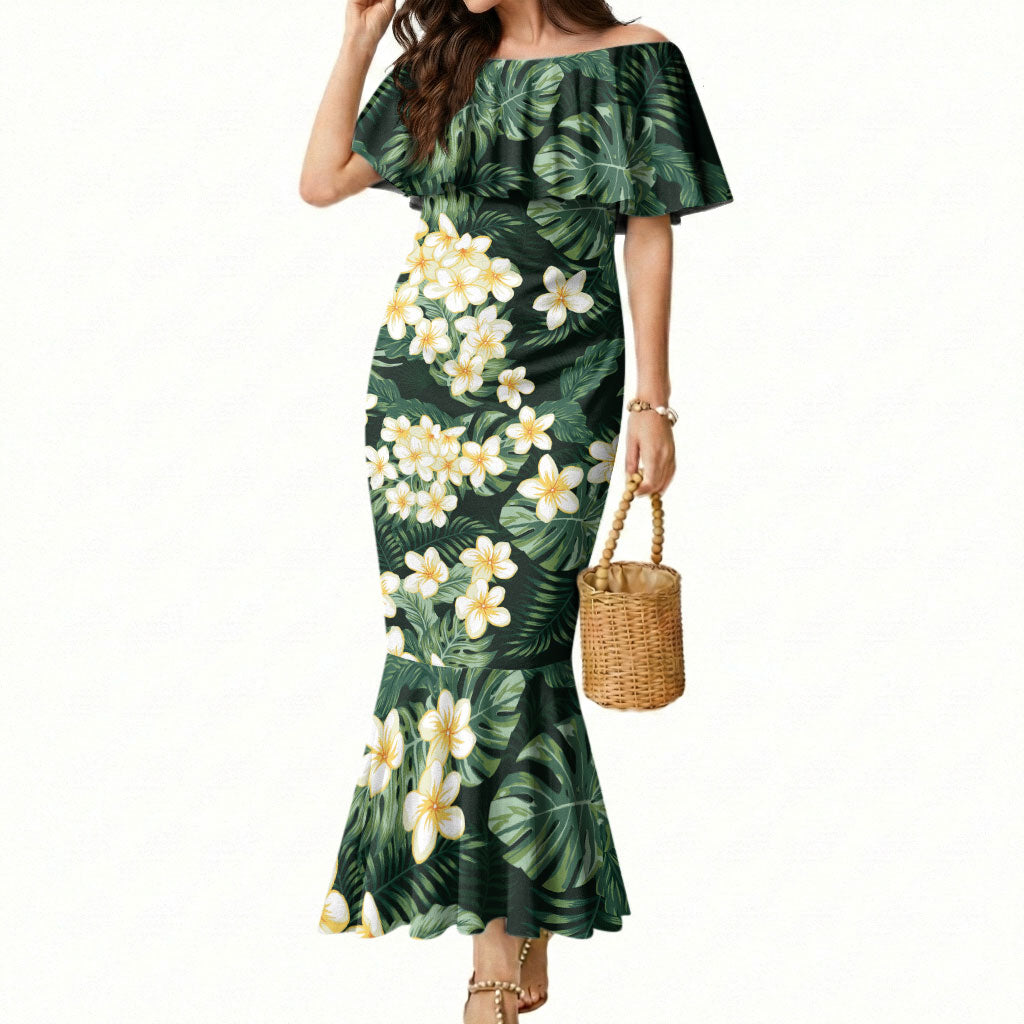 Hawaii Plumeria Tropical Leaves Mermaid Dress Monstera Calathea Palm Fronds LT01 Women Green - Polynesian Pride