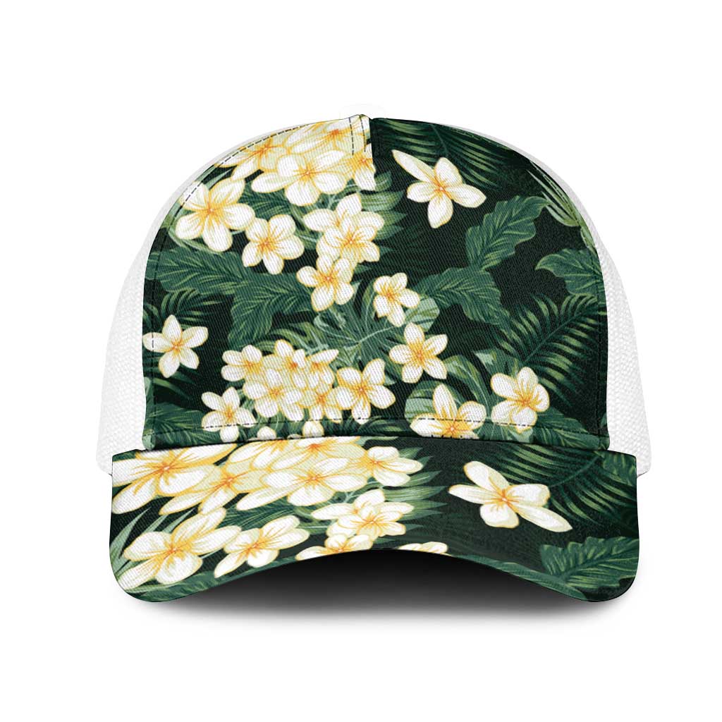 Hawaii Plumeria Tropical Leaves Mesh Trucker Cap Monstera Calathea Palm Fronds LT01 One Size White Green - Polynesian Pride