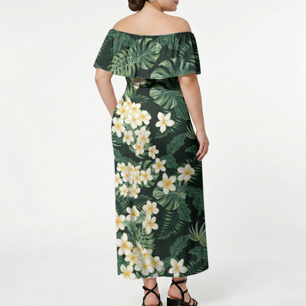 Hawaii Plumeria Tropical Leaves Off Shoulder Maxi Dress Monstera Calathea Palm Fronds LT01 - Polynesian Pride