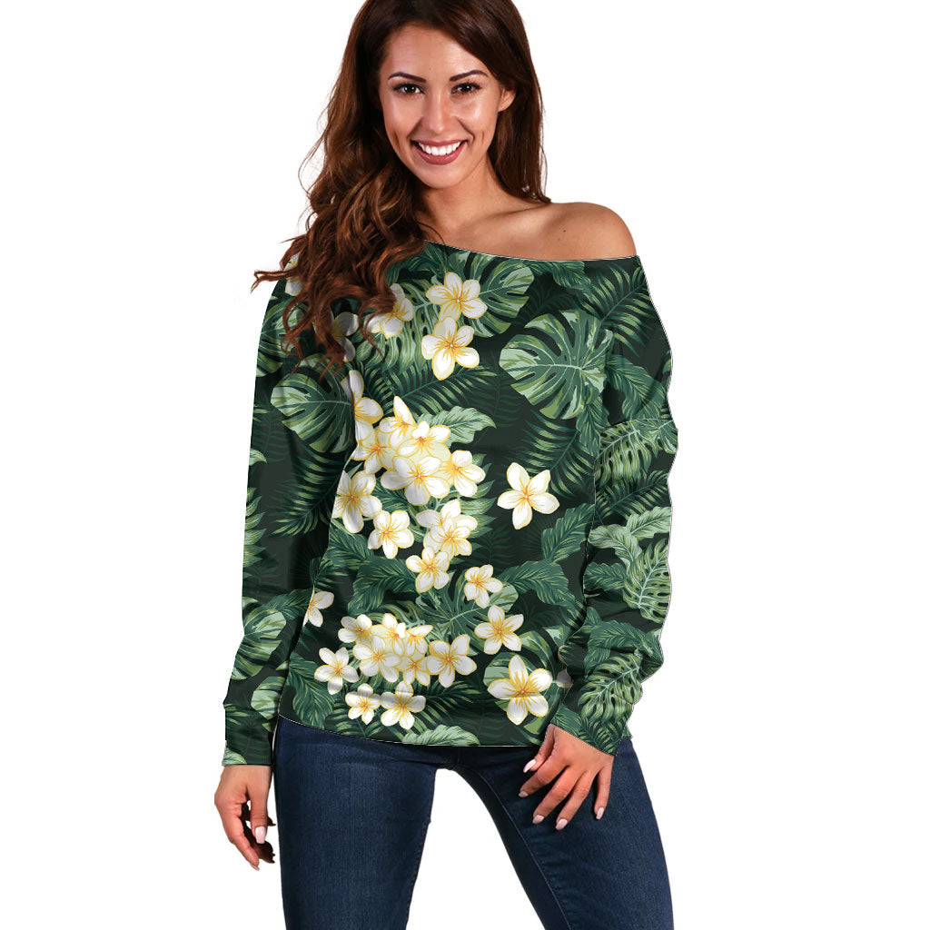Hawaii Plumeria Tropical Leaves Off Shoulder Sweater Monstera Calathea Palm Fronds LT01 Women Green - Polynesian Pride