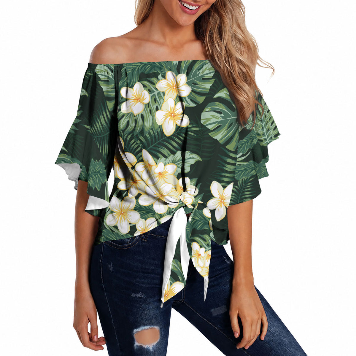 Hawaii Plumeria Tropical Leaves Off Shoulder Wrap Waist Top Monstera Calathea Palm Fronds LT01 Green - Polynesian Pride