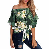 Hawaii Plumeria Tropical Leaves Off Shoulder Wrap Waist Top Monstera Calathea Palm Fronds LT01 Green - Polynesian Pride