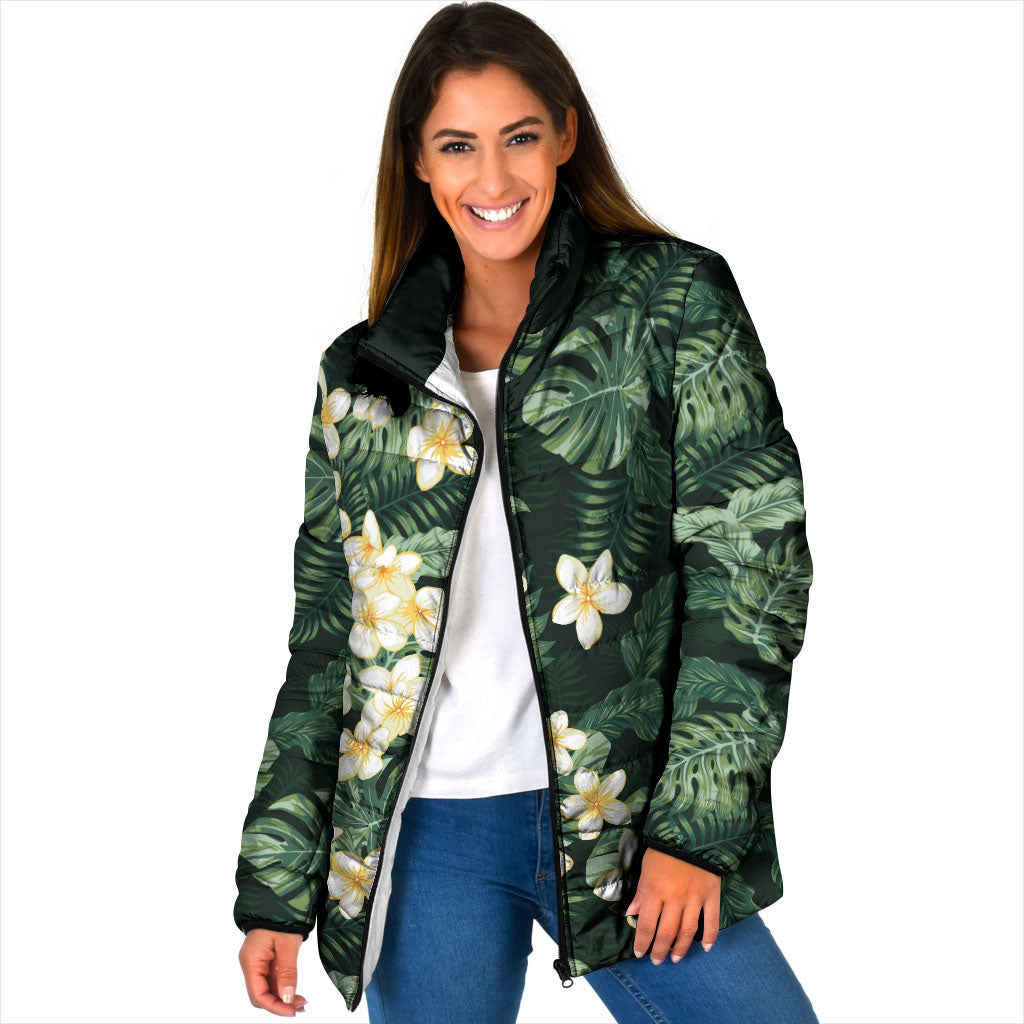 Hawaii Plumeria Tropical Leaves Padded Jacket Monstera Calathea Palm Fronds LT01 Women Green - Polynesian Pride