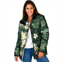 Hawaii Plumeria Tropical Leaves Padded Jacket Monstera Calathea Palm Fronds LT01 Women Green - Polynesian Pride