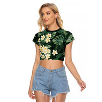 Hawaii Plumeria Tropical Leaves Raglan Cropped T Shirt Monstera Calathea Palm Fronds LT01 Female Green - Polynesian Pride