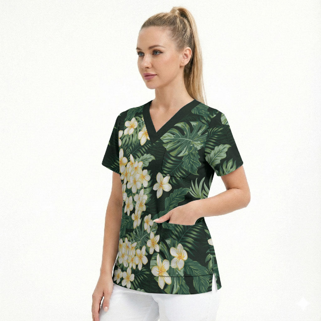 Hawaii Plumeria Tropical Leaves Scrub Top Monstera Calathea Palm Fronds LT01 - Polynesian Pride