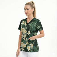 Hawaii Plumeria Tropical Leaves Scrub Top Monstera Calathea Palm Fronds LT01 - Polynesian Pride