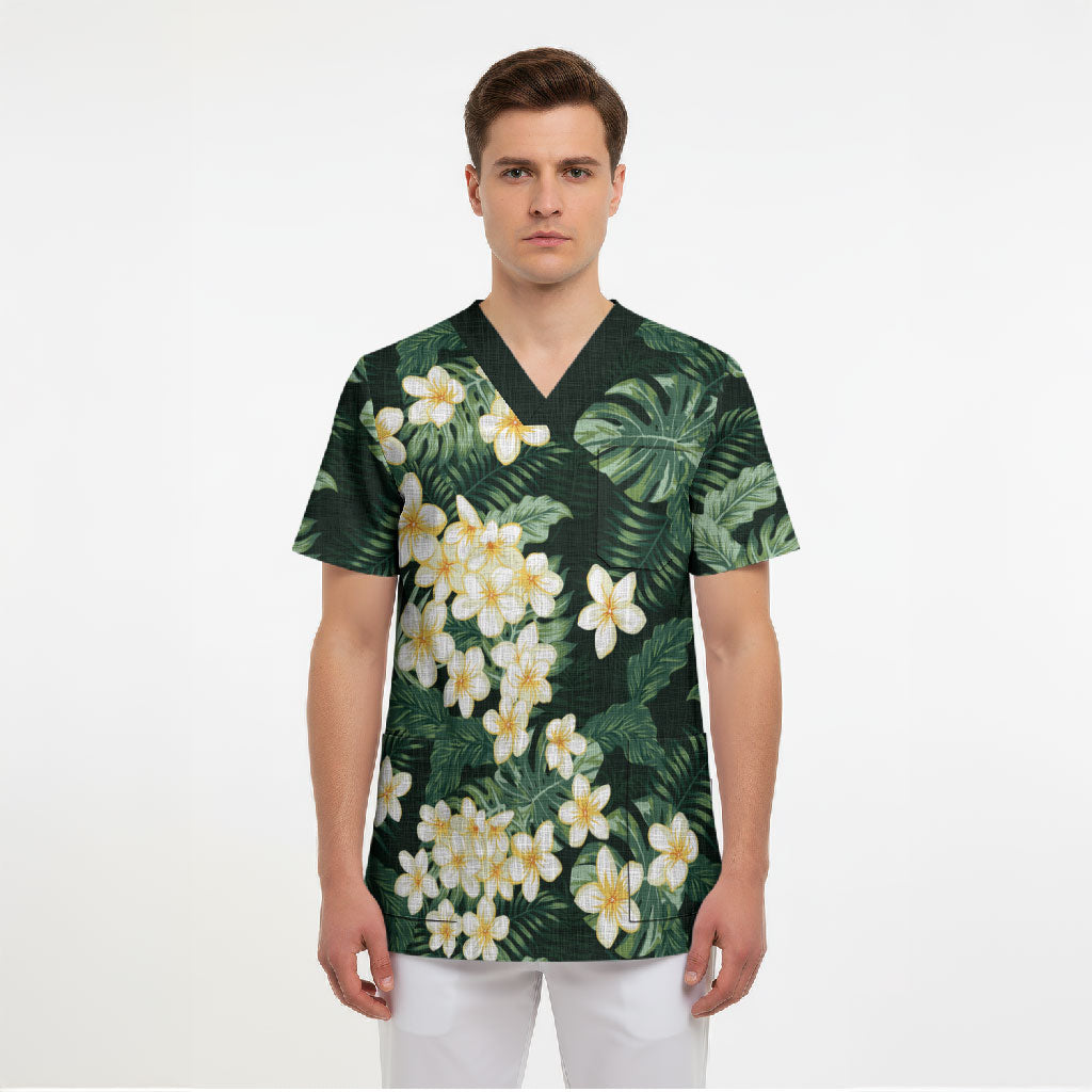 Hawaii Plumeria Tropical Leaves Scrub Top Monstera Calathea Palm Fronds LT01 - Polynesian Pride