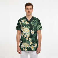 Hawaii Plumeria Tropical Leaves Scrub Top Monstera Calathea Palm Fronds LT01 - Polynesian Pride
