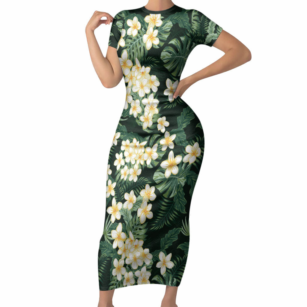 Hawaii Plumeria Tropical Leaves Short Sleeve Bodycon Dress Monstera Calathea Palm Fronds LT01 Long Dress Green - Polynesian Pride