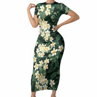 Hawaii Plumeria Tropical Leaves Short Sleeve Bodycon Dress Monstera Calathea Palm Fronds LT01 Long Dress Green - Polynesian Pride