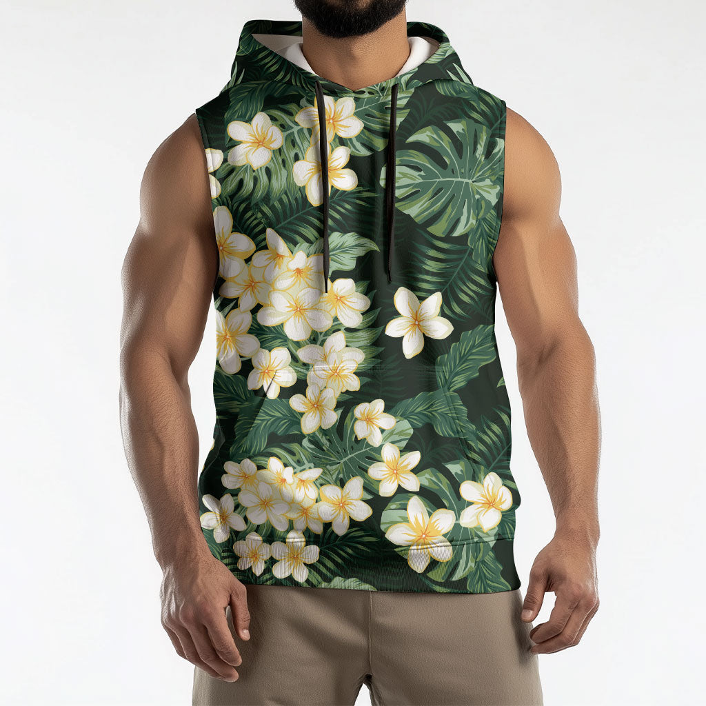Hawaii Plumeria Tropical Leaves Sleeveless Hoodie Monstera Calathea Palm Fronds LT01 - Polynesian Pride