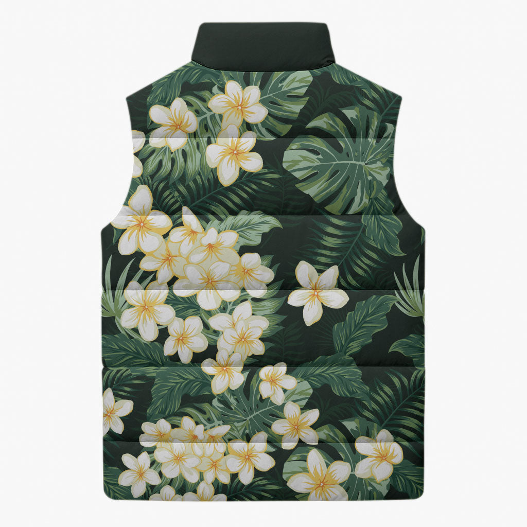 Hawaii Plumeria Tropical Leaves Sleeveless Puffer Jacket Monstera Calathea Palm Fronds LT01 - Polynesian Pride