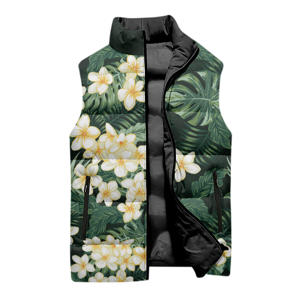 Hawaii Plumeria Tropical Leaves Sleeveless Puffer Jacket Monstera Calathea Palm Fronds LT01 - Polynesian Pride