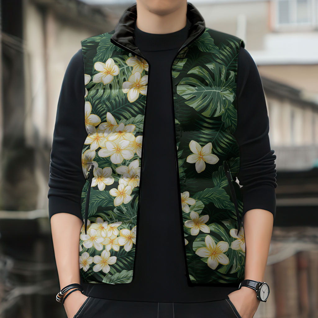 Hawaii Plumeria Tropical Leaves Sleeveless Puffer Jacket Monstera Calathea Palm Fronds LT01 - Polynesian Pride