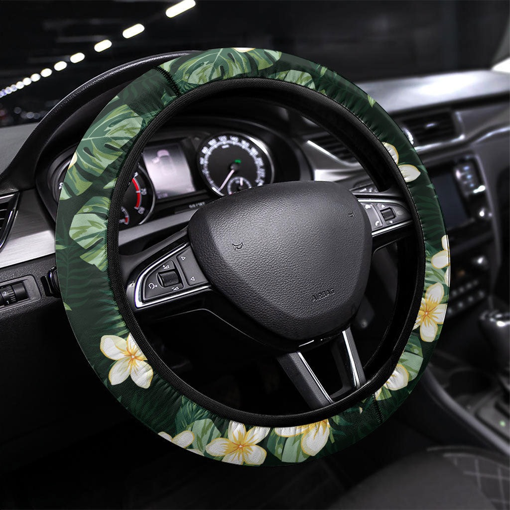 Hawaii Plumeria Tropical Leaves Steering Wheel Cover Monstera Calathea Palm Fronds LT01 Universal Fit Green - Polynesian Pride