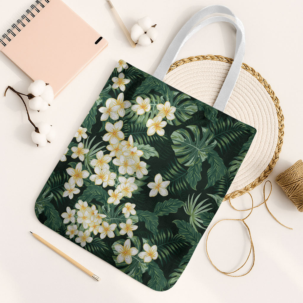Hawaii Plumeria Tropical Leaves Tote Bag Monstera Calathea Palm Fronds LT01 White Strap One Size Green - Polynesian Pride