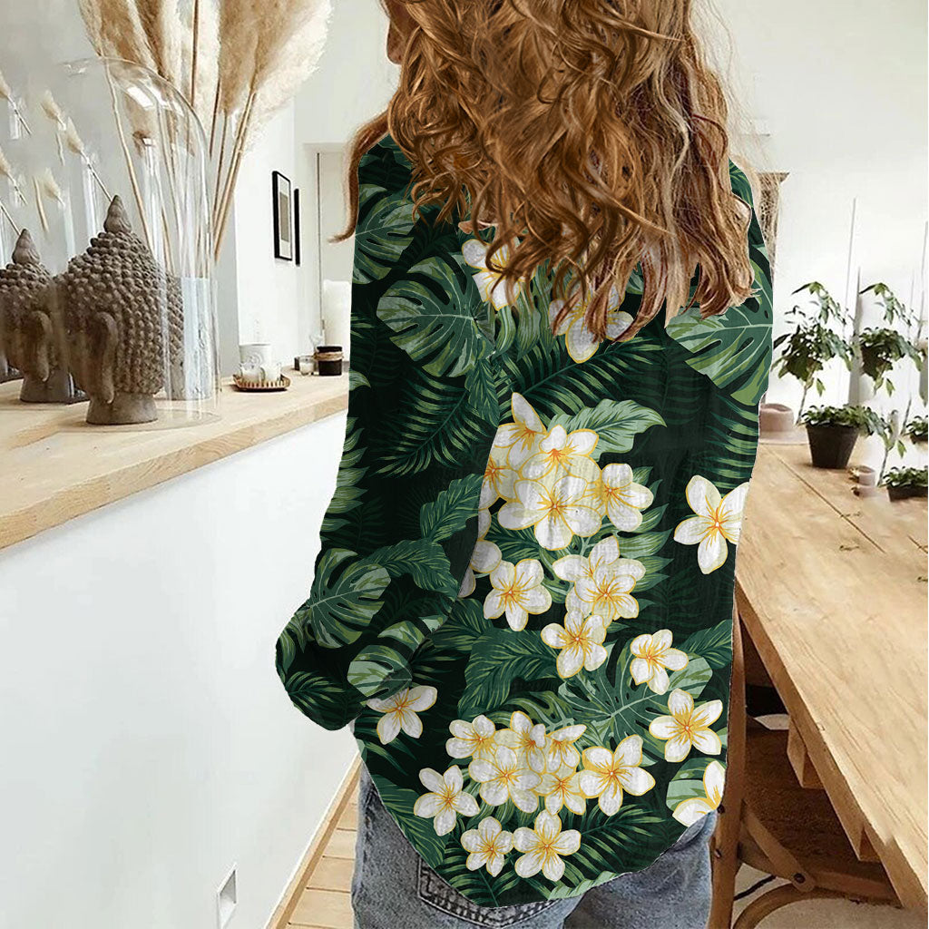 Hawaii Plumeria Tropical Leaves Women Casual Shirt Monstera Calathea Palm Fronds LT01 - Polynesian Pride
