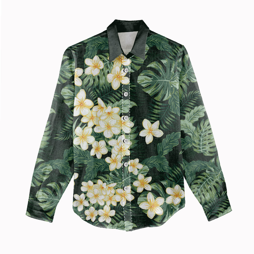 Hawaii Plumeria Tropical Leaves Women Casual Shirt Monstera Calathea Palm Fronds LT01 - Polynesian Pride